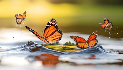 Obraz premium Monarch Butterflies Emerging from Water Oasis.