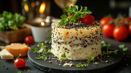 Gourmet layered risotto topped with cheese and herbs