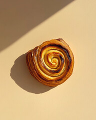 A round golden-brown pain au chocolat, perfectly swirled and centered on an isolated beige background with a single shadow cast from the top left corner