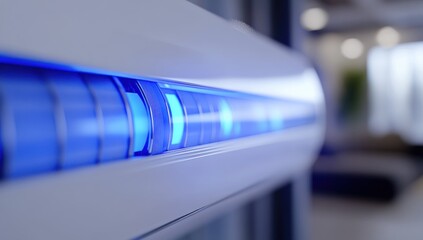 Fototapeta premium Futuristic Air Conditioner Control Panel: Close-up view of a sleek, modern air conditioner with glowing blue control panel lights, showcasing advanced technology and design.