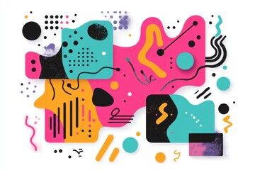 Abstract flat shapes with colorful forms and geometric elements, featuring abstract figures of people in motion on a white background Generative AI