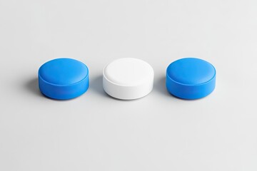 Three colored pills on a plain background