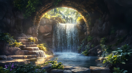 Sacred grotto, water flowing softly, a place for quiet reflection offers a serene, hidden retreat for prayer and connection to nature. Hidden Connections. Illustration