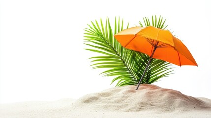 A small orange umbrella rests atop a sandy pile under bright sunlight.
