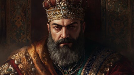 Obraz premium Bearded royal figure intensely gazes wearing crown