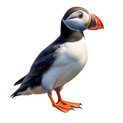 Obraz premium Vibrant Puffin Portrait: A captivating photograph of a puffin standing, showcasing the bird's iconic colorful beak and charming expression.AI Generated