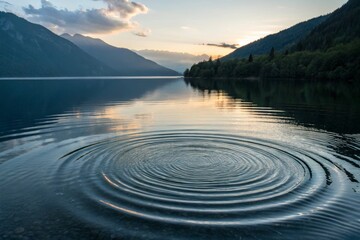 Serene Sunset at Mountain Lake with Concentric Ripples