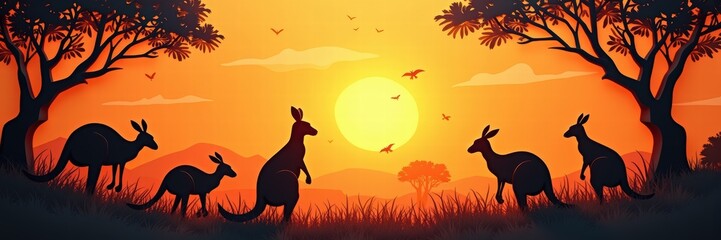 Silhouetted kangaroos at sunset, capturing the beauty of natures wildlife in Australia. A serene landscape perfect for travel and wildlife themes.