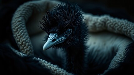 Fototapeta premium Black Baby hatchling bird in dark moody lighting with a mysterious atmosphere