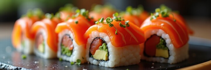 Delight in the vibrant flavors of sushi with this beautifully plated salmon roll. Perfect for culinary promotions, restaurant menus, or food blogs.