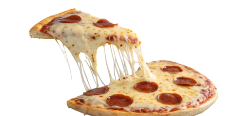 Close-up of a pizza slice with melted cheese stretching and dripping - PNG