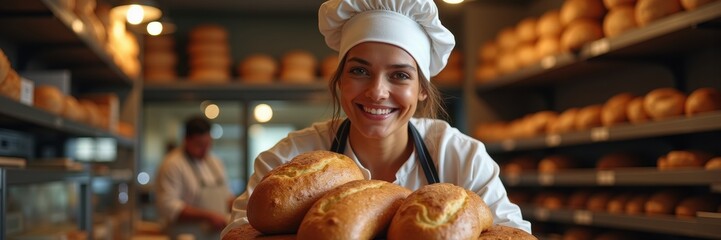 A smiling female baker proudly displays fresh bread in a warm and inviting bakery setting, showcasing the art of baking and the joy of freshly made goods.