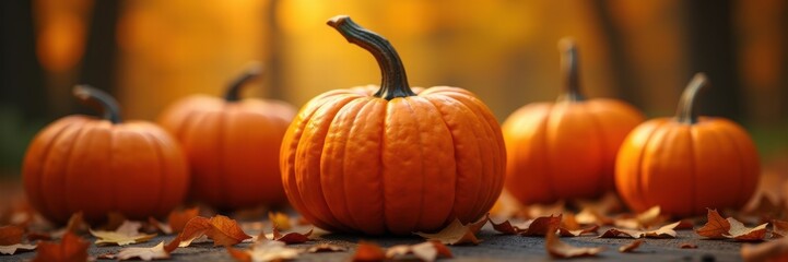 A serene autumn scene featuring vibrant pumpkins amidst colorful fallen leaves, perfect for seasonal themes and festive designs.