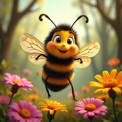 A cheerful cartoon bee flies among vibrant flowers, perfect for childrens projects, environmental themes, or nature-inspired designs.