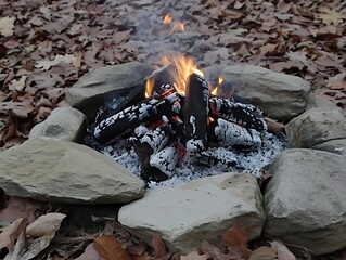 Fototapeta premium Autumn Campfire: Stones for Leaves, Embers.