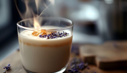 A beautifully crafted drink showcasing a candle with lavender and honey, emitting soft steam. Perfect for cozy evenings or relaxation moments, enhancing atmosphere and comfort.