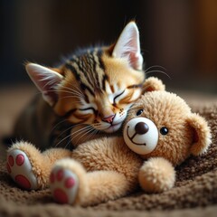 A cute kitten cuddles a plush teddy bear, showcasing a heartwarming moment of innocence and friendship, perfect for pet-themed projects or childrens products.