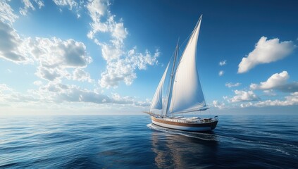 Fototapeta premium Sailboat sailing on calm blue ocean under bright sky with fluffy clouds peaceful scenic seascape symbolizing adventure freedom