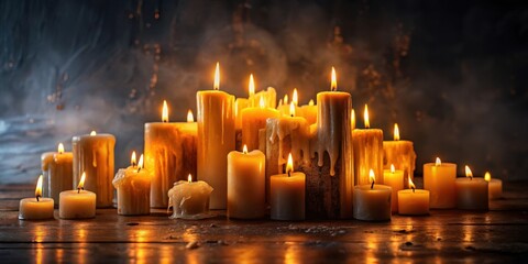 Melting candles in a dark room with dancing flames, melting, soft focus,  melting, soft focus, introspective, fire