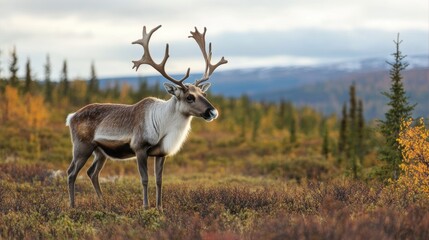 Fototapeta premium A reindeer stands in a field surrounded by trees in the background.