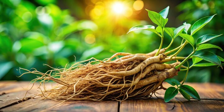 Dried Eurycoma longifolia Jack roots and lush green leaves set against a serene natural backdrop, evoking a sense of serenity and harmony with nature , serenity, botanical