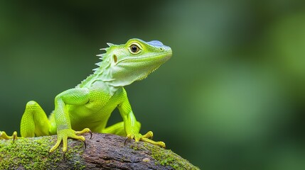 Fototapeta premium A Bright Green Lizard Perched On A Mossy Branch Observing