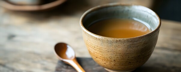 A freshly brewed cup of tea served in a rustic ceramic bowl. The warm tones and natural materials evoke a sense of comfort and serenity, perfect for relaxation and mindfulness.