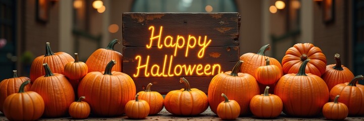 Celebrate Halloween with a vibrant display of pumpkins and a festive sign. Perfect for autumn-themed marketing materials or seasonal event promotions.