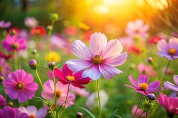 Vibrant Cosmos Flowers Blooming in a Sunny Garden