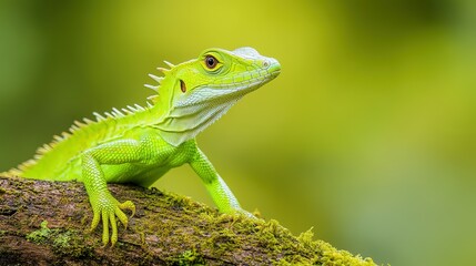 Fototapeta premium A Vivid Green Lizard Perched Upon A Moss Covered Branch
