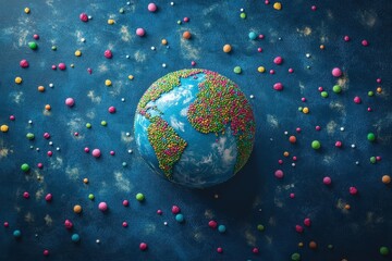 A decorated globe is surrounded by colorful spherical decorations on blue