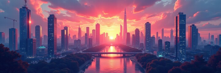 Obraz premium A breathtaking skyline at sunset, showcasing modern skyscrapers and a serene river, perfect for urban development themes and architectural presentations.