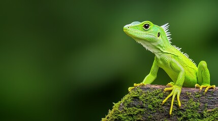 Fototapeta premium A Vibrant Green Lizard Perched on a Mossy Log Beautifully Posed