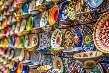 Fototapeta premium Vibrant Cup & Saucer Mosaic Wall Close-Up: Detailed Texture & Colorful Design