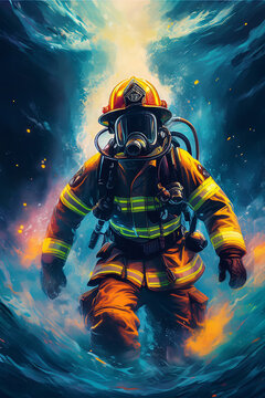 Bombero formando un torbellino de rescate en un entorno marino abisal