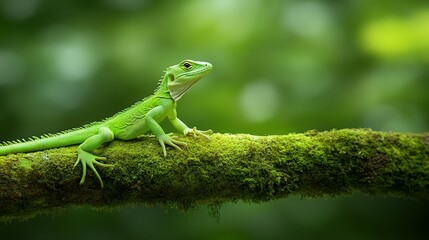 Fototapeta premium A bright green lizard perched on a moss covered branch