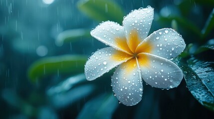Rain-drenched plumeria in lush garden