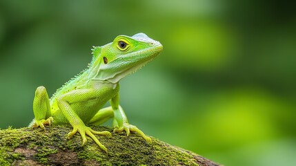 Fototapeta premium A vibrant green lizard perched atop a moss covered branch