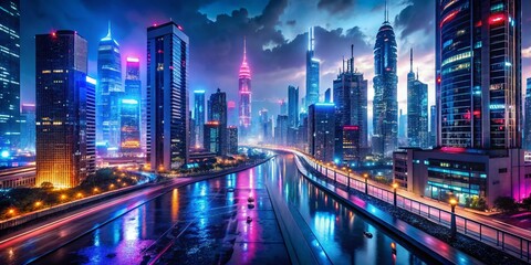 Naklejka premium Vibrant Cyberpunk City Nightscape: Ultra HD Urban Skyline Wallpaper