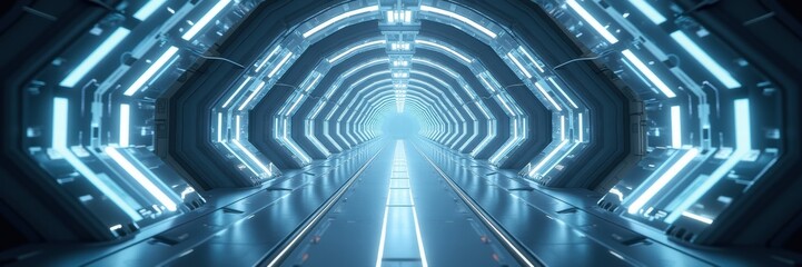 Obraz premium A futuristic tunnel with glowing lights, perfect for tech, sci-fi, or innovation-related projects. Ideal for digital art, presentations, or immersive experiences.