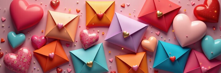 Colorful envelopes and hearts create a vibrant, romantic theme, perfect for Valentines Day promotions, greeting cards, and love-related marketing campaigns.