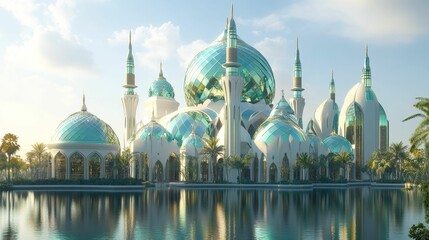 Obraz premium Stunning mosque domes reflected in serene water