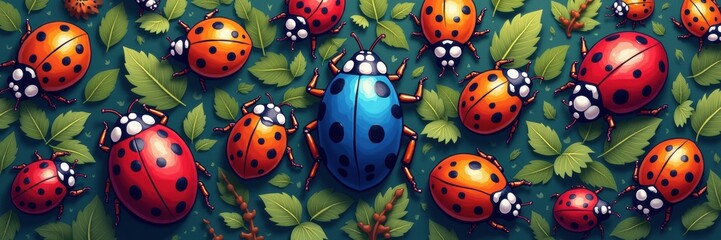 Naklejka premium A vibrant, colorful illustration of ladybugs on green leaves, perfect for nature-themed projects, educational materials, or decorative purposes.