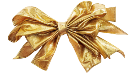 Gold bow ribbon with intricate folds and shimmer isolated on a white background