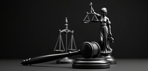 A striking image of legal symbols, including a gavel and Lady Justice statue, perfect for law-related themes and business contexts.