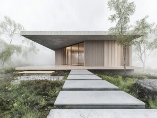Fototapeta premium A minimalist modern house surrounded by trees and lush greenery