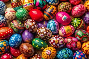 Fototapeta premium Vibrant Easter Egg Background: Colorful Hand-Painted Eggs Top View Macro Shot