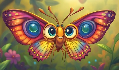 A colorful cartoon butterfly with big eyes and a happy smile