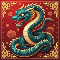 Fototapeta premium Vivid illustration of a fierce dragon adorned with floral patterns on a bold red background, perfect for celebrations, cultural events, or branding in Asian-themed businesses.