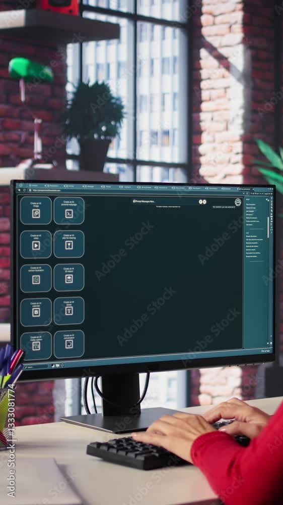 Poster vertical video professional person engaging with an ai chatbot on a computer screen, exploring power